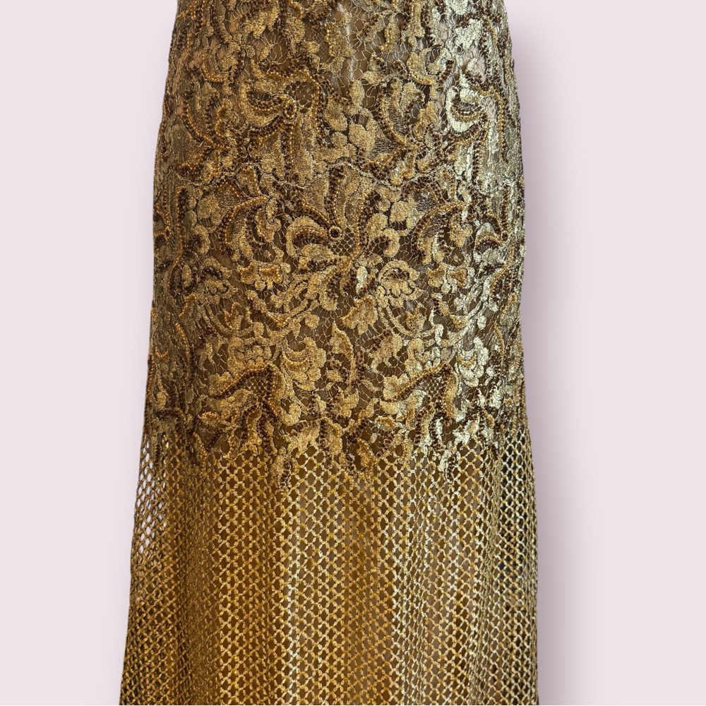 NWT Vintage Custom Peggy Jennings Gown Gold Sequin Crochet & Silk Elegant Dress - Picture 6 of 17